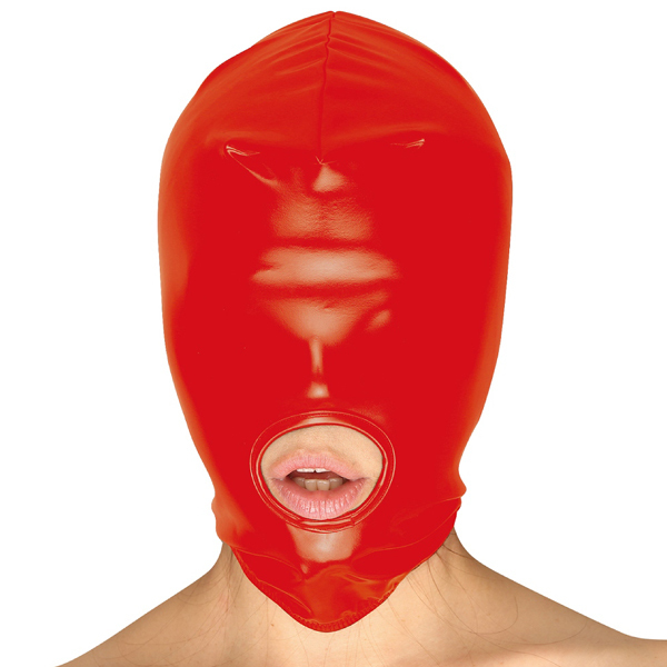 エナメル2wayストレッチ口アキ全頭拘束マスク レッド
